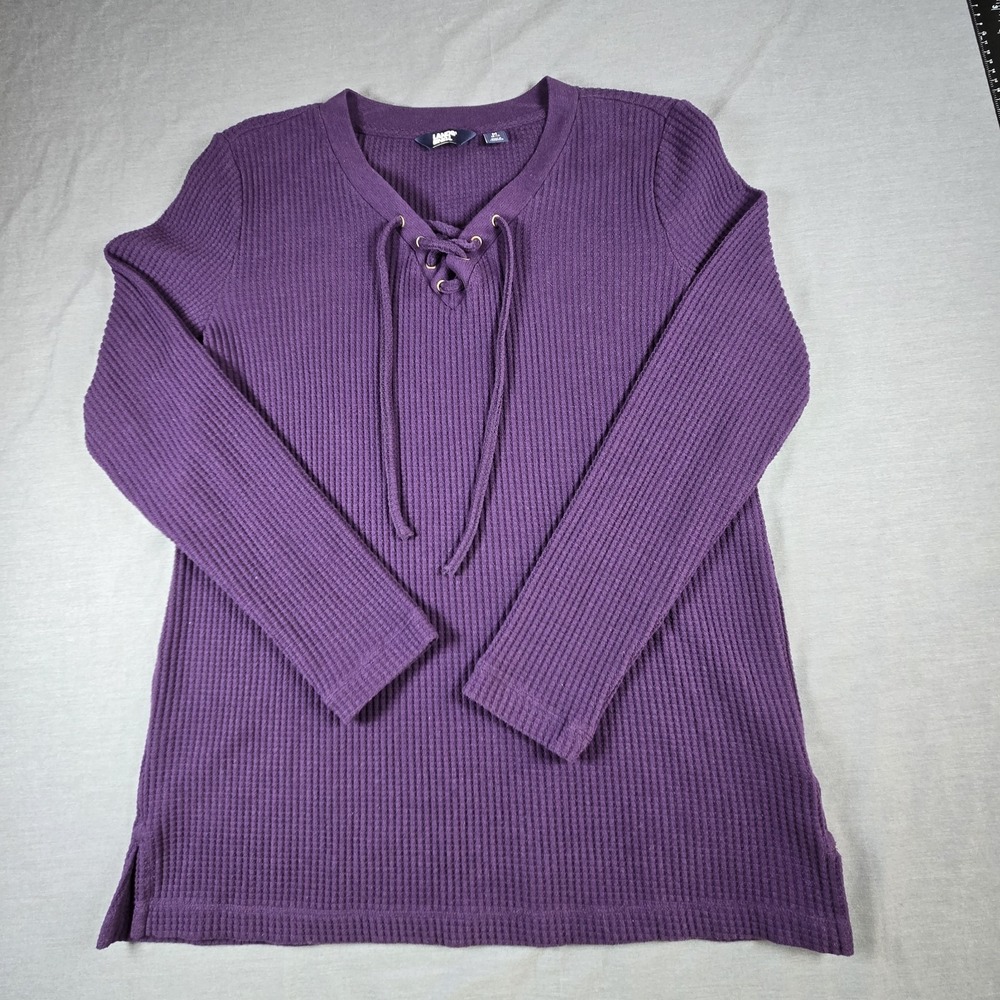 Lands End Womens Purple Waffle Knit Lace-Up‎ Thermal Tunic Cabincore Gorpcore
